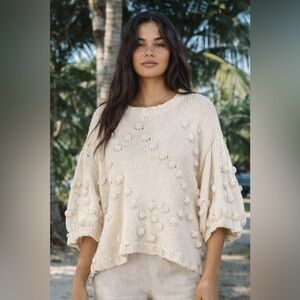 Sabo Cream Chunky Knit Pom Pom Sweater Poncho Oversized Small Boho Cozy